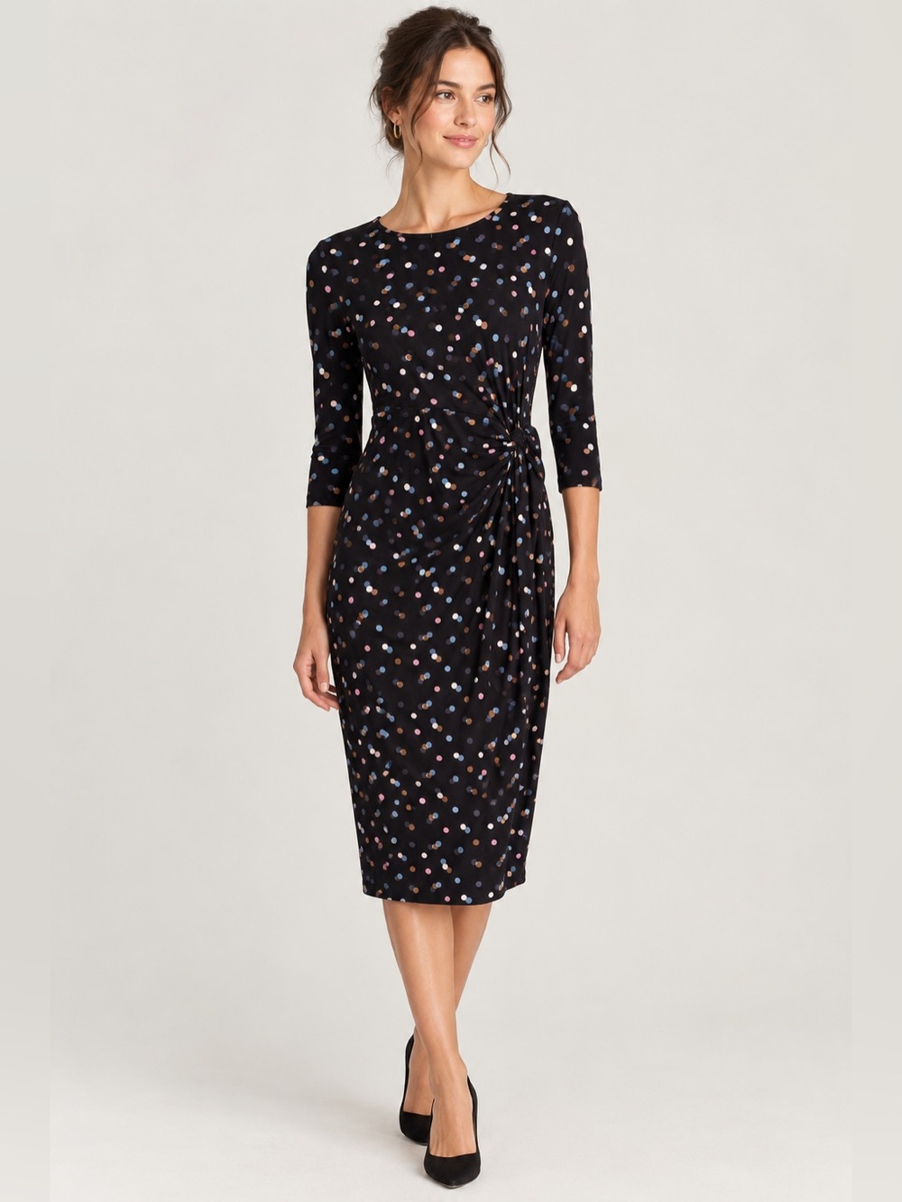 Boden Rosalie Polka Dot Jersey Knit Twist Front Midi Dress, Navy Blue, Size 10R
